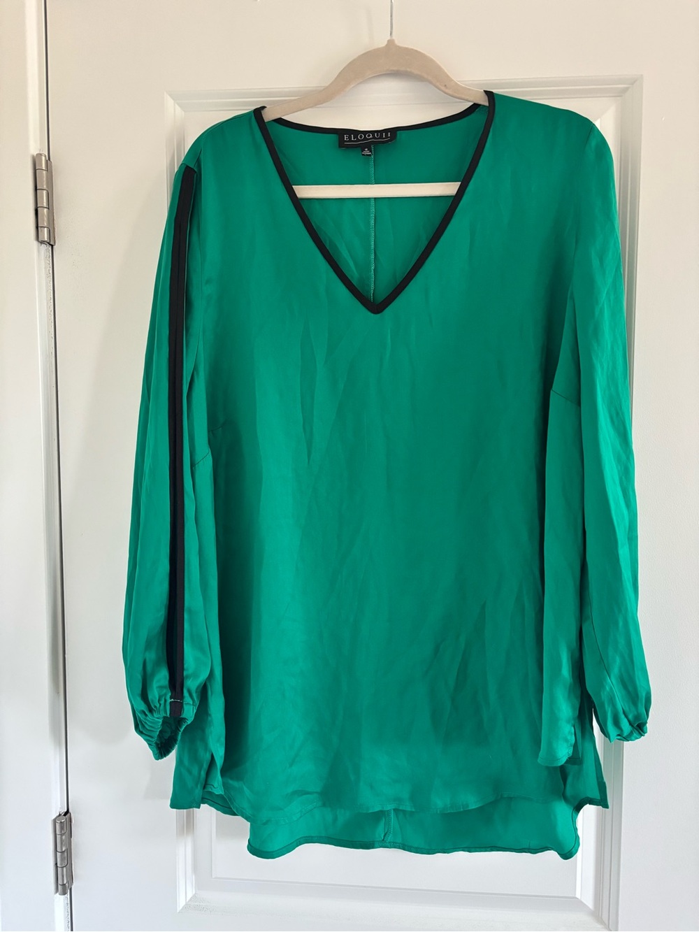 Eloquii Emerald Green V-Neck Blouse with Black Trim